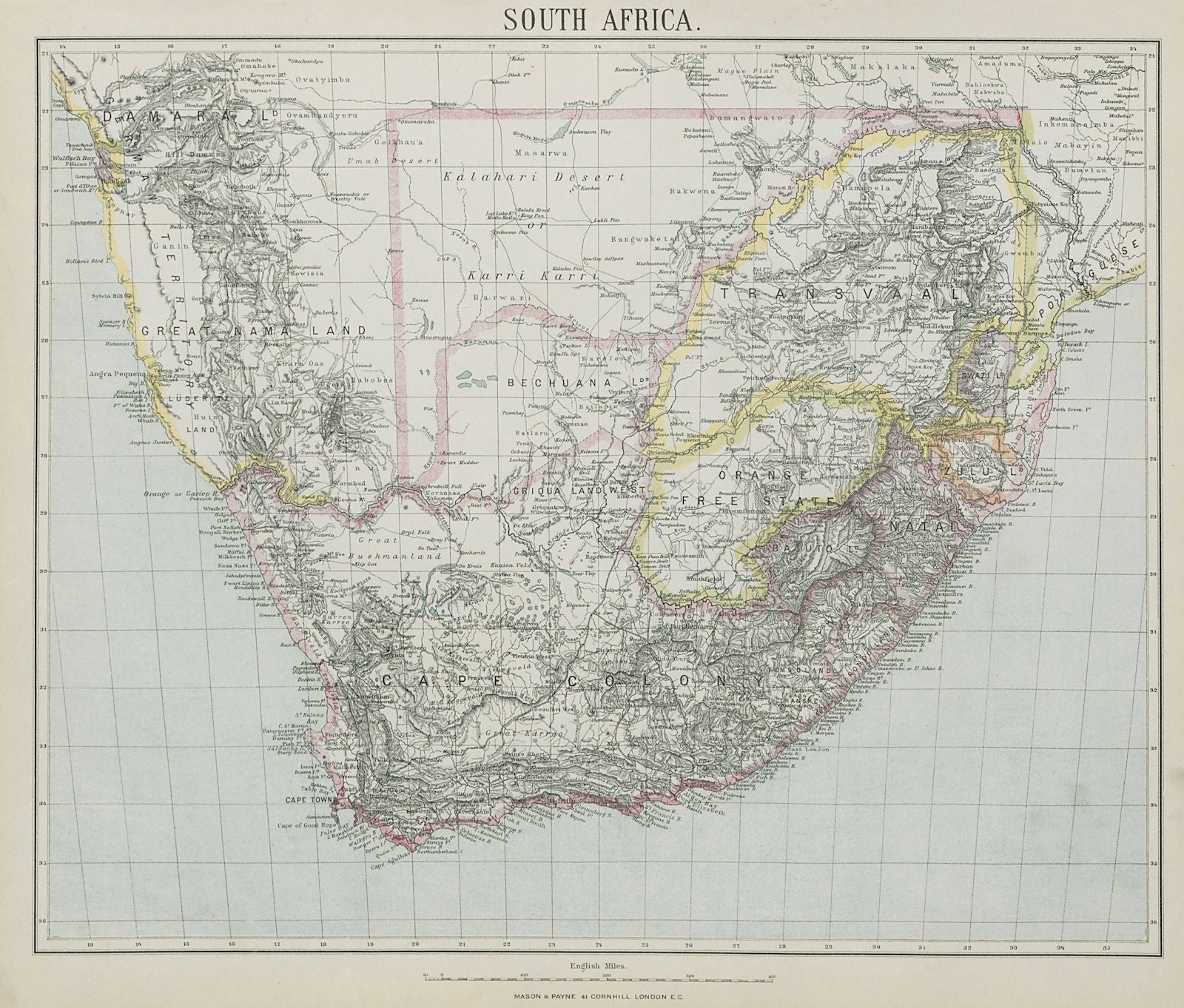 SOUTH AFRICA Cape Colony Orange Free State Transvaal. LETTS 1884 old map